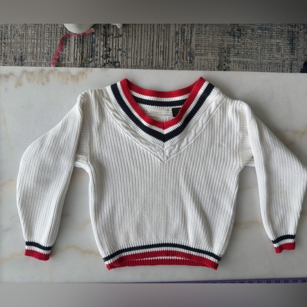 White Thick Knit V-Neck Sweater with Red and Black Stripe Cottagecore Collegiate